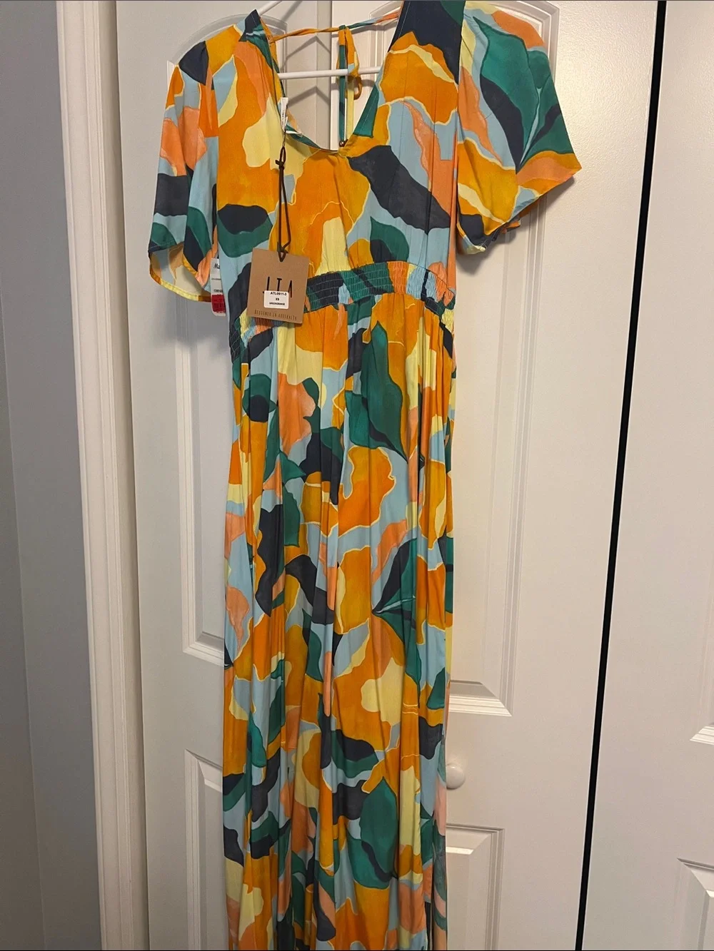 Colorful Abstract Maxi Dress in Yellow, Teal & Coral